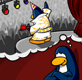 Um pinguim pensando no Chapéu de Festinha na edição #256 do Club Penguin News.