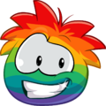 Um puffle multicor sorrindo.