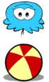 O Puffle Azul brincando com uma pequena bola de praia.