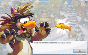 Após encontrar todos os puffles, TP pede ao jogador que pesque um peixe com uma vara de pescar deixada na Cabana. Após colocá-lo sobre a mesa, o Sasquatch aparece.