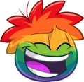 Um puffle multicor rindo.