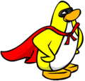 Um pinguim usando a Máscara de Super-Herói Preta junto à Capa Vermelha.
