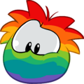 Um puffle multicor olhando para baixo de uma nuvem.