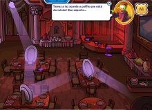 Na 3º etapa era preciso redirecionar um feixe de luz na Sala de Jantar até o puffle adormecido, usando espelhos.