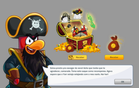 No Ancoradouro, Rockhopper agradecia ao jogador entregando itens para assinantes e moedas para todos.