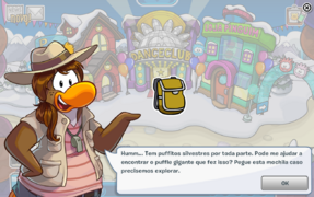 Ela pede ao pinguim para procurar o culpado na Floresta Puffle e entrega uma mochila para guardar comida.