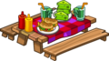 Uma mesa com Queijo Fedido, Vitaminas de Alga e Peixorros-quentes na Festa Ilha do Club Penguin.