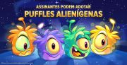 Um Puffle Alienígena Roxo com outros Puffles Alienígenas.