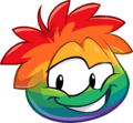 Um puffle multicor feliz.